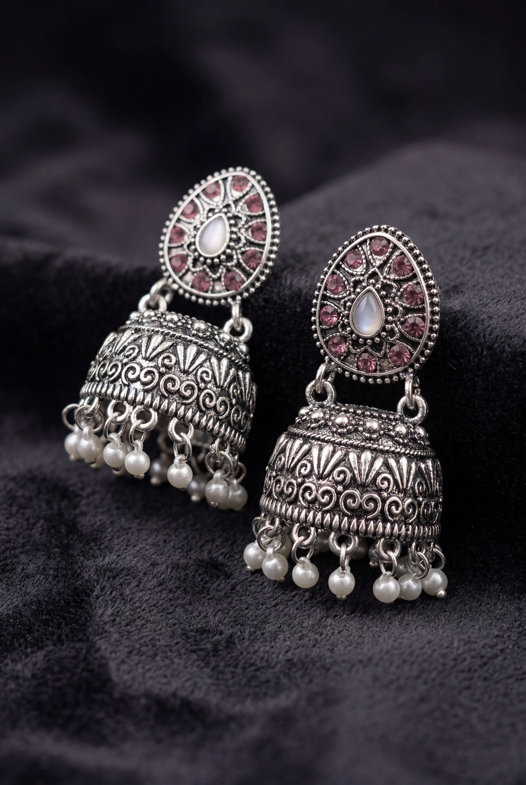 Oxidized Silver Tone Jhumka Earrings with Oval Stud Top & Filigree Teardrop Motif for Women - Light pink