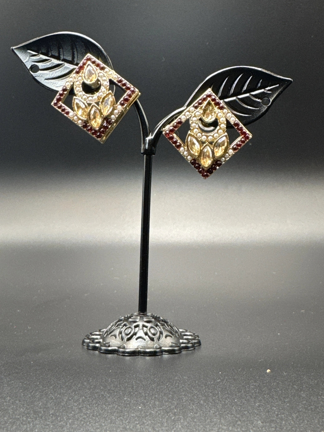 Geometric Kundan Stud Earrings with Bead Border - Gold-Tone Kundan Style (0.5 inch) - Maroon