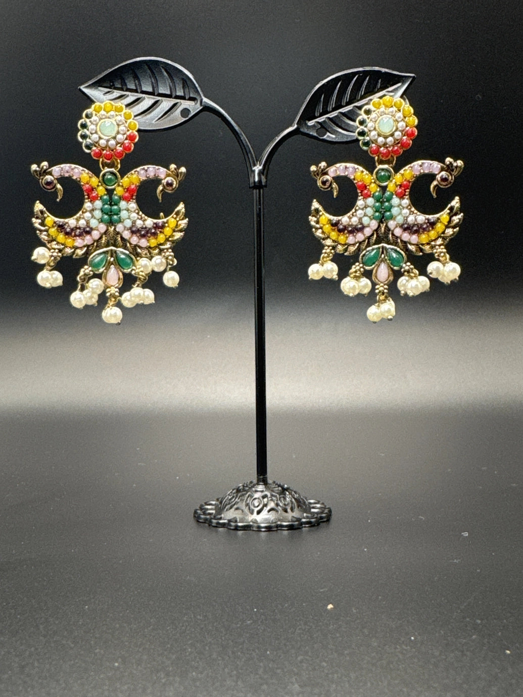 Antique Peacock Pearl Earrings – Gold-Tone Pearl-Studded Ethnic Earrings (2 inch)