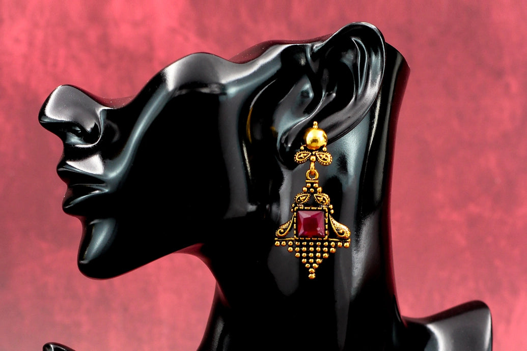 Maroon Stone Antique Gold-Tone Dangling Earrings - Ornate Square Centre, Traditional Jhumki Style, 2.4 inch Jewelry JCS Fashions