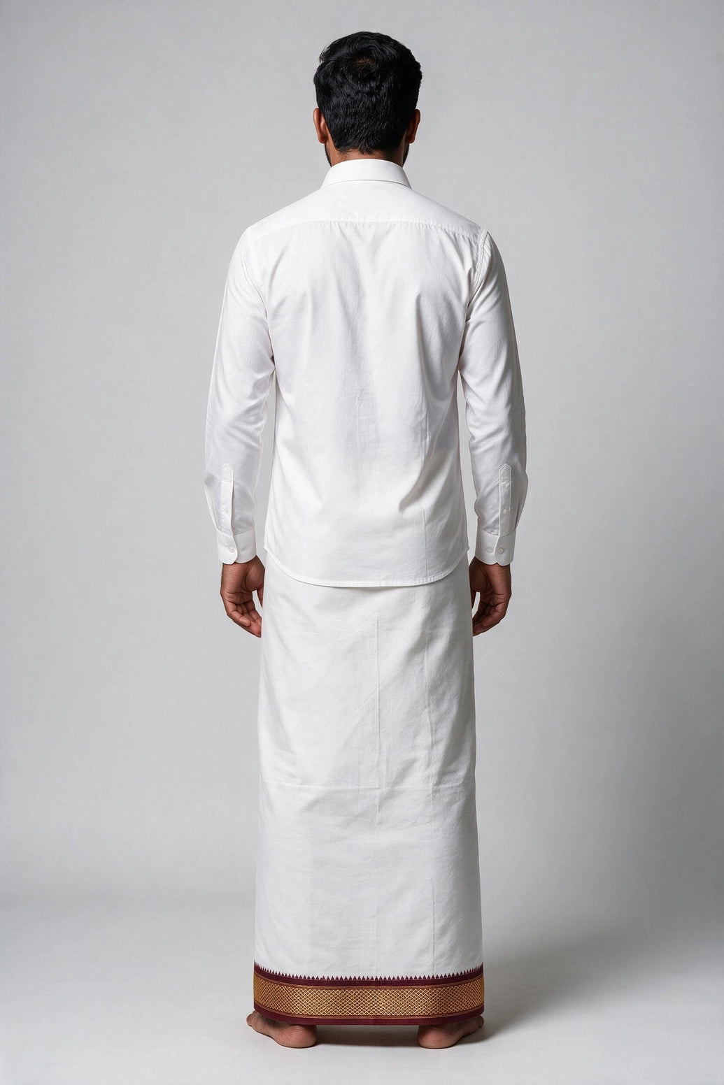 Men’s White Cotton Double Dhoti with Maroon and Gold Ganga Jamuna Border - Maroon