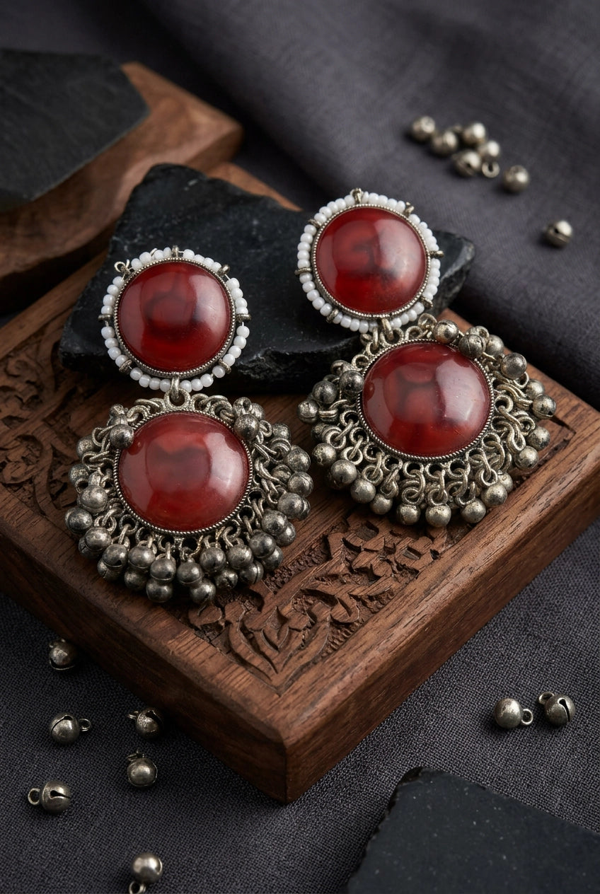 Antique Silver-Tone Drop Earrings with Round Stone Cabochons & Beaded Dangles - Maroon
