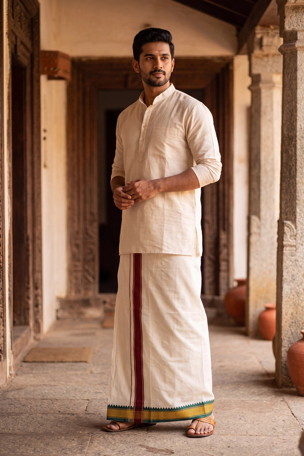 Men’s Off-White Cotton Dhoti with 1-inch Coloured Thread Border (2 Metre Single) - Traditional Wear - Maroon (Gold Lines)