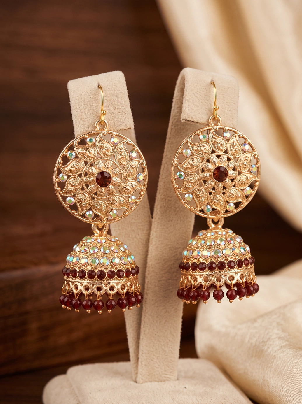 Traditional Jhumka Earrings with Floral Filigree and Beaded Drops in Red, Maroon & Yellow - Maroon