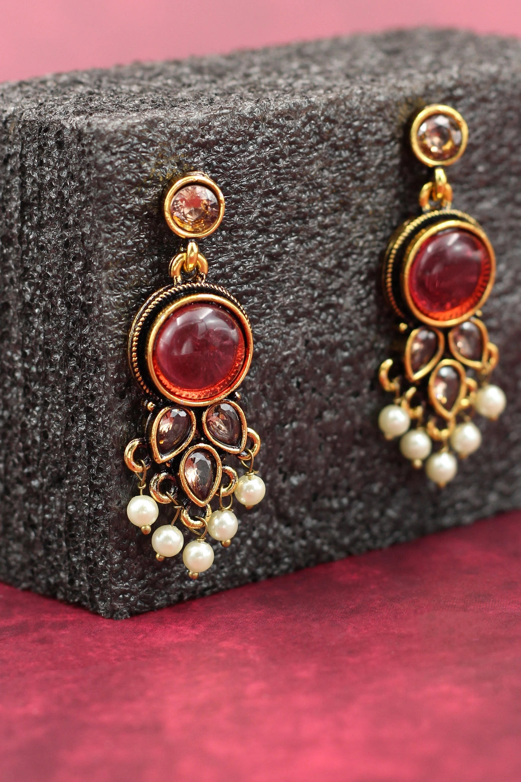 Maroon Gold-Tone Pearl Drop Chandbali Style Earrings - Traditional Indian Fashion Jewellery Jewelry JCS Fashions
