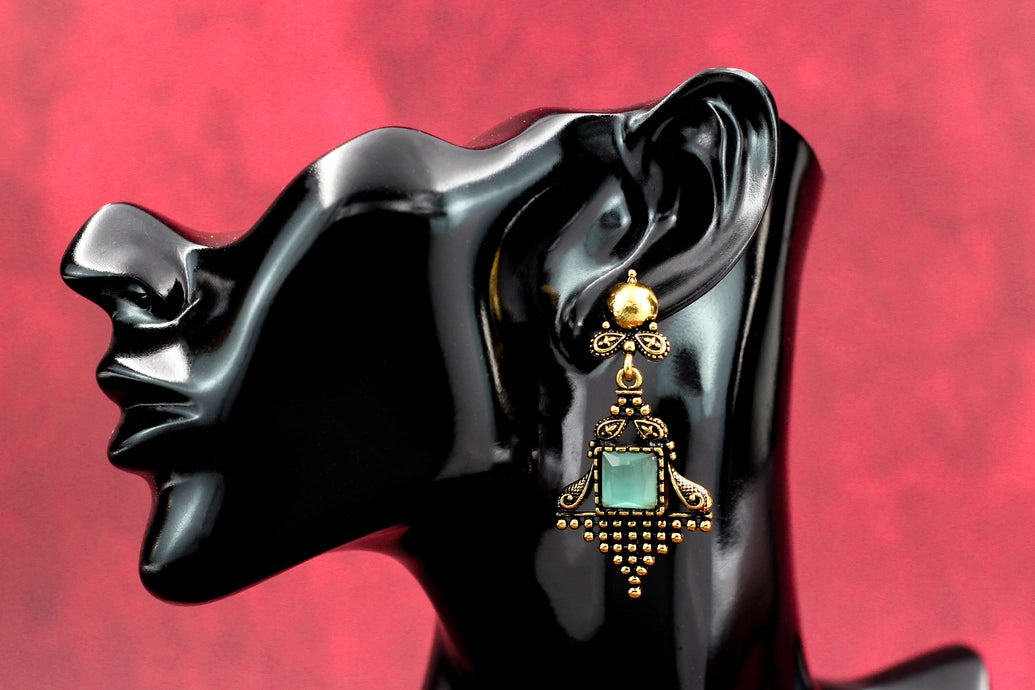 Mint Green Square Stone Dangling Earrings – Antique Gold Ornate Frame, 2.4 inch Indian Fashion Jewellery Jewelry JCS Fashions