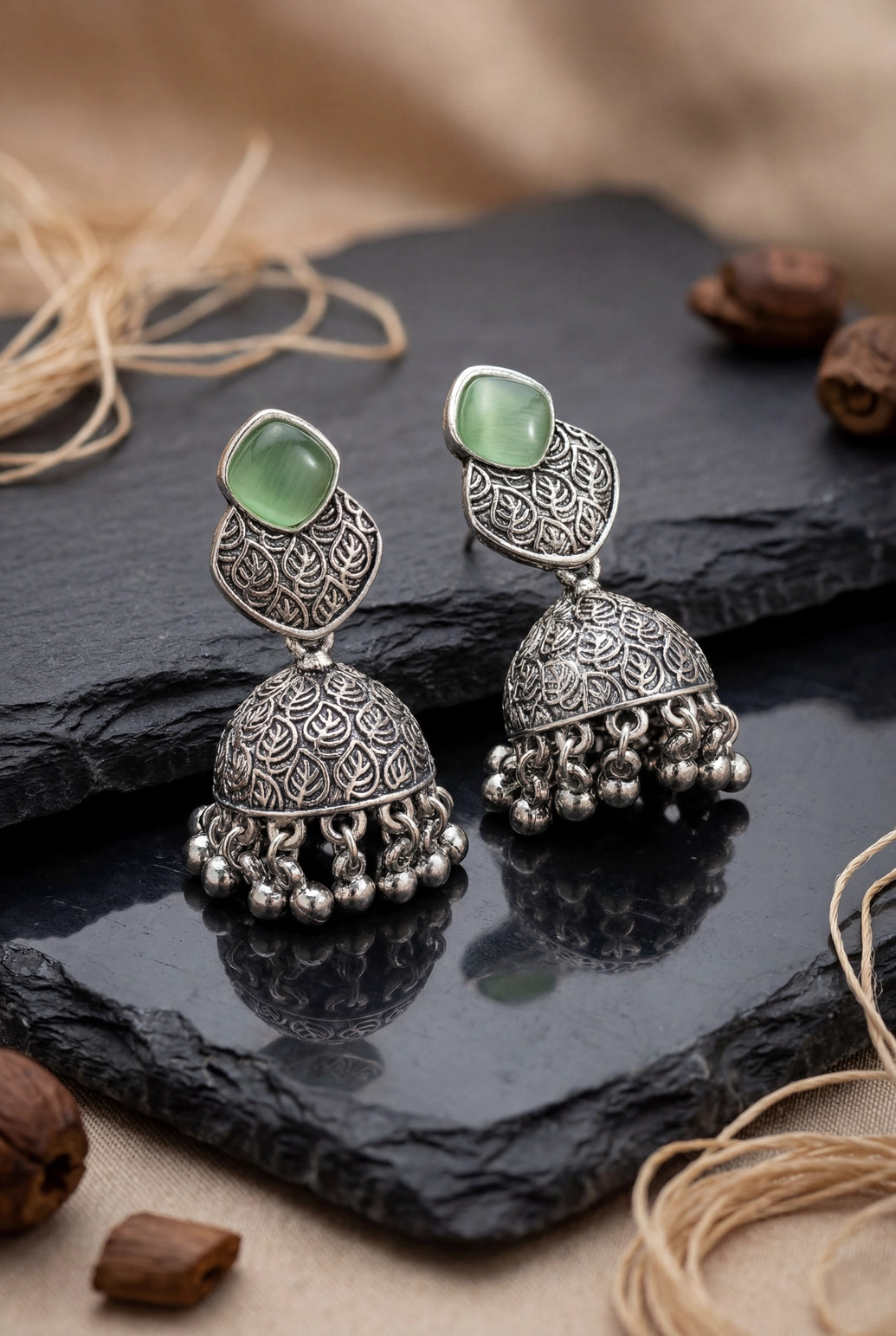 Oxidized Silver-Tone Jhumka Earrings with Square Stone, Leaf Engraved Top & Ghungroo Beads (Sea Blue/Mint/Lemon) - Mint Green