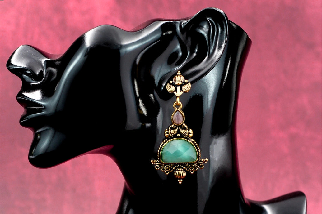 Mint Green Faceted Stone Dangler Earrings - Antique Gold-Tone 2.6 inch Jewelry JCS Fashions