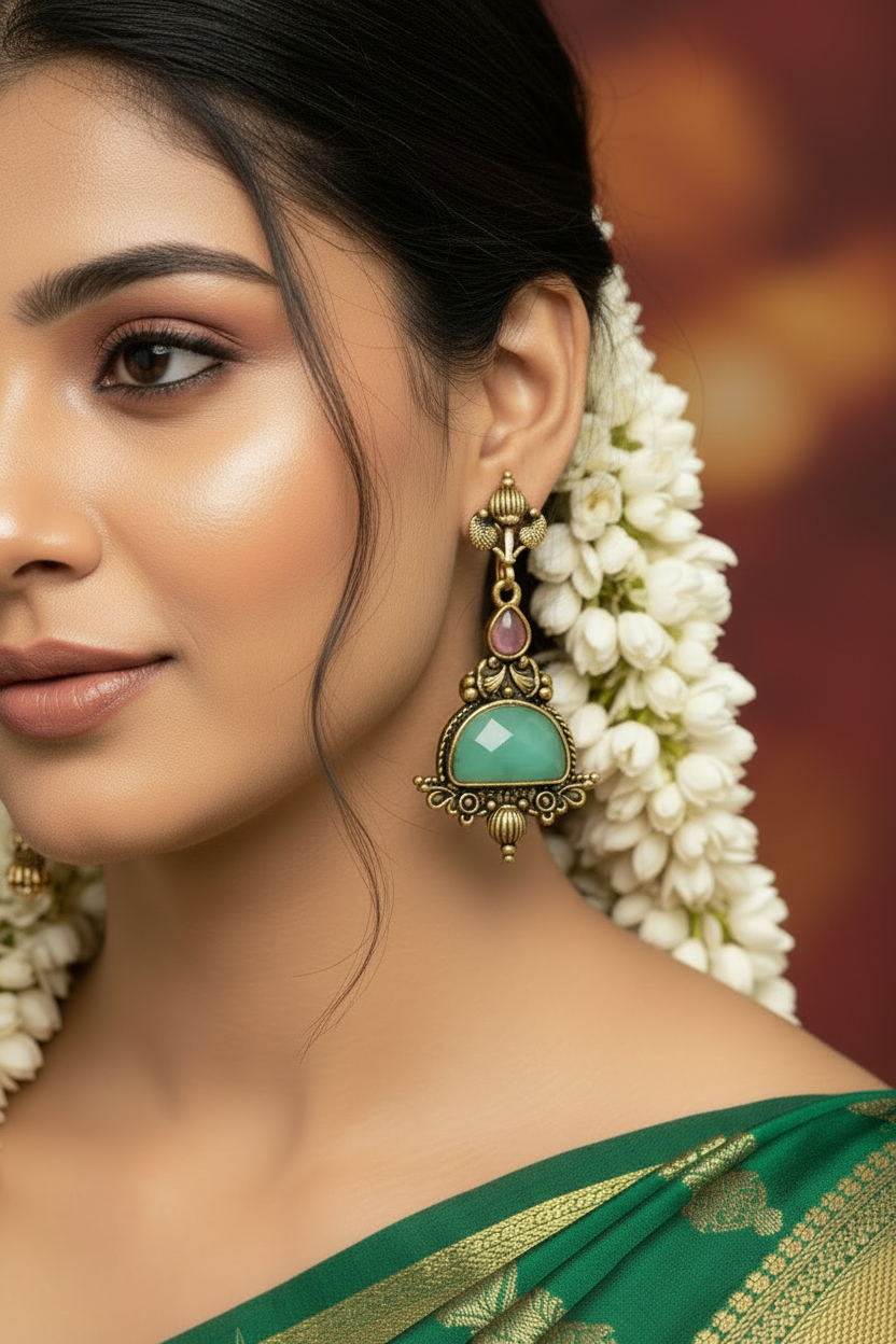 Mint Green Faceted Stone Dangler Earrings - Antique Gold-Tone 2.6 inch