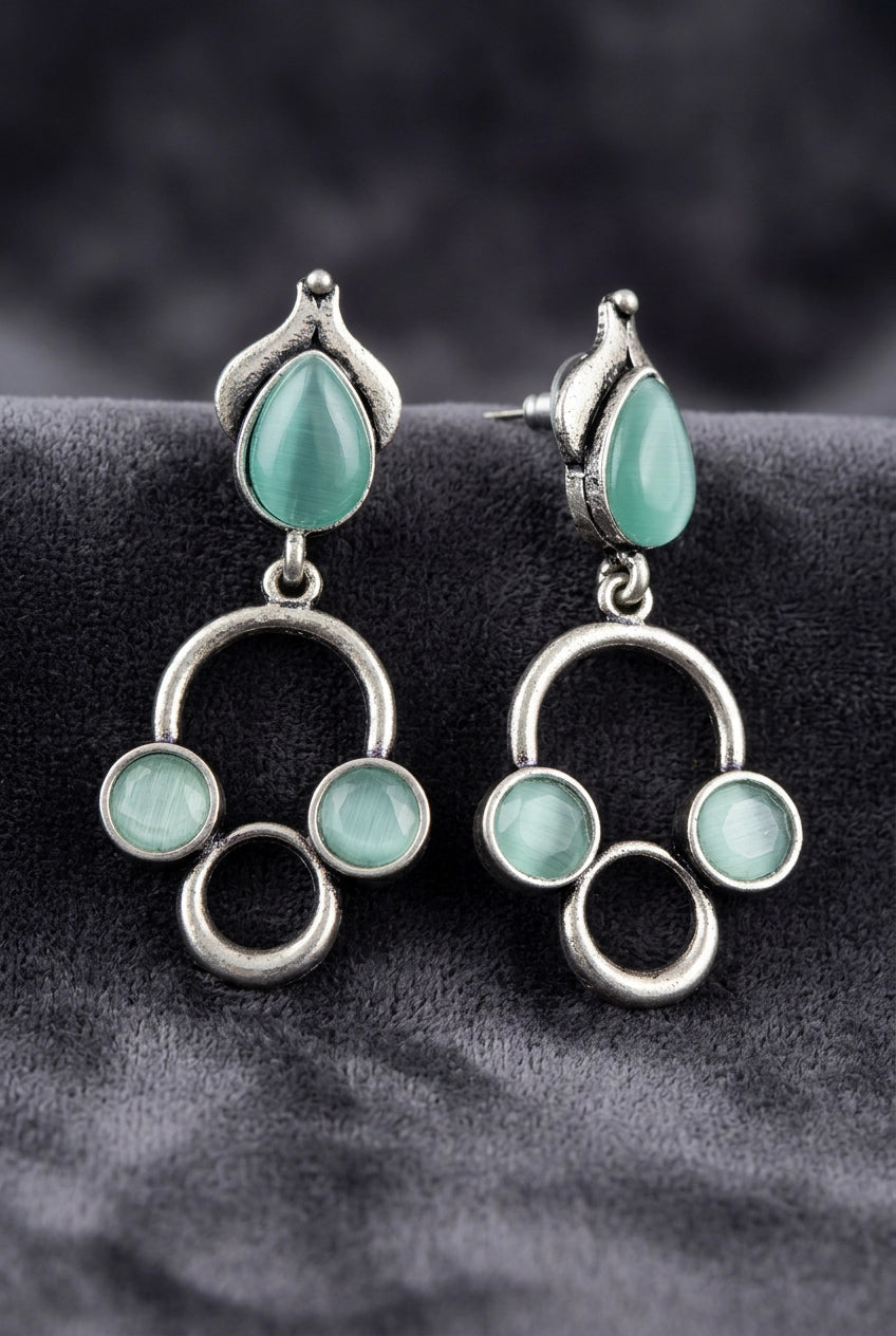 Silver-Tone Stone Drop Earrings with Circular Cluster Design for Women - Mint Green