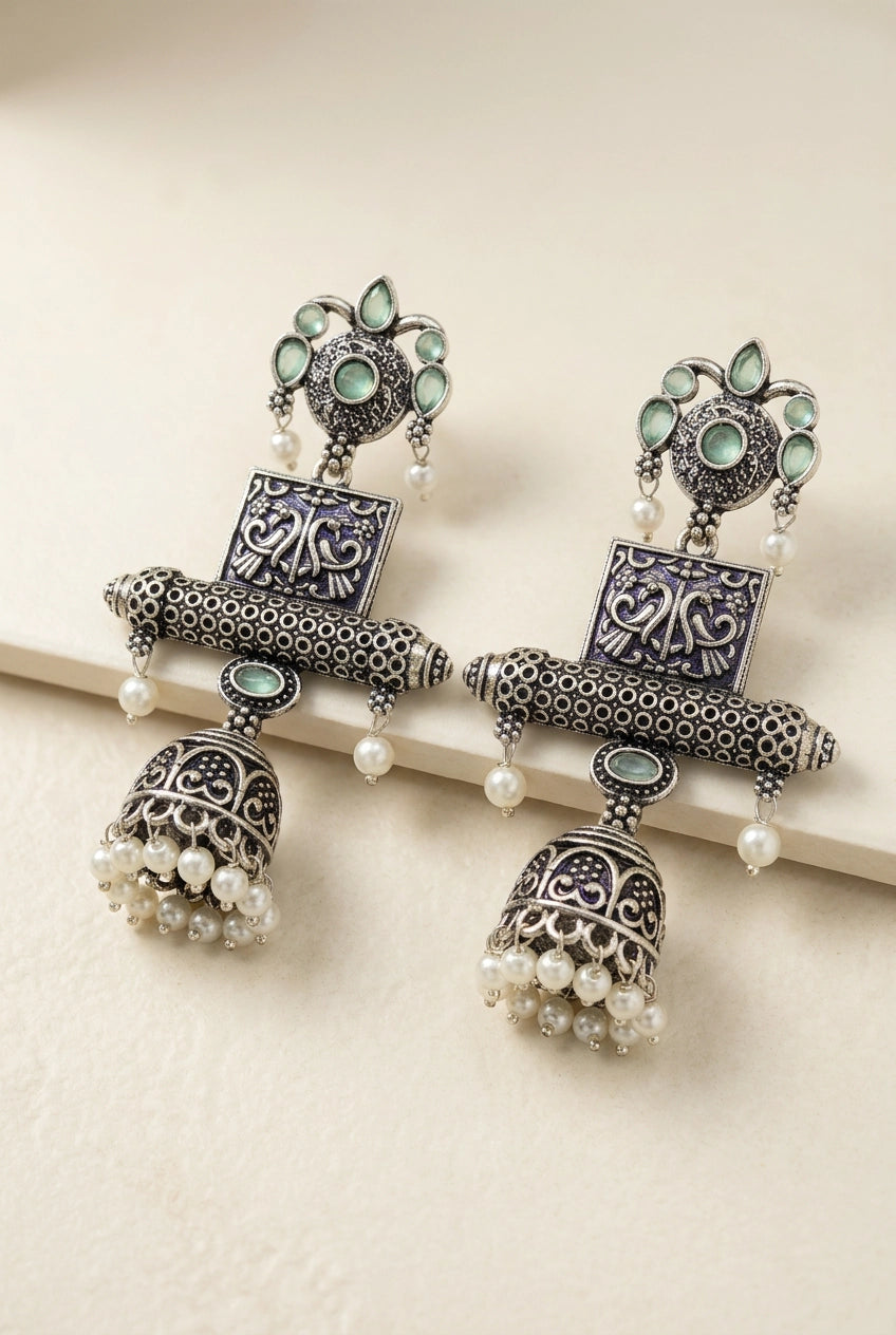 Antique Oxidized Silver Jhumka Earrings with Mint Green/Sea Blue Stones and Pearl Bead Danglers - Mint Green