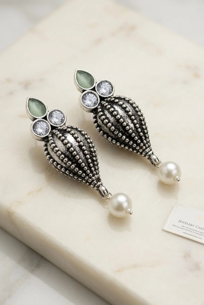 Antique Oxidized Silver Teardrop Jhumka Earrings with Pearls & Crystal Stones (1 Pair) - Green, Mint Green