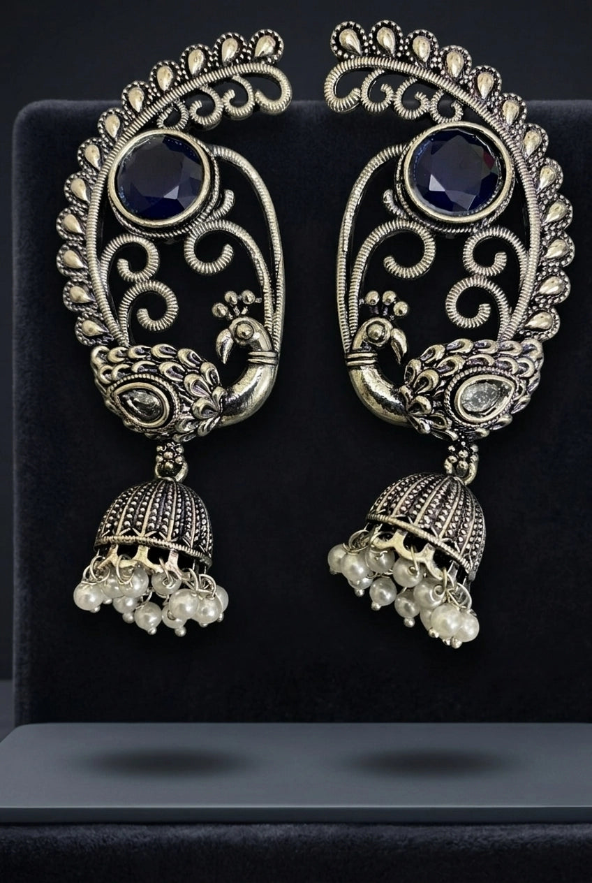 Antique Oxidized Silver Peacock Jhumka Drop Earrings with Pearl Beads (Navy Blue, Purple, Mint Green) - Navy Blue