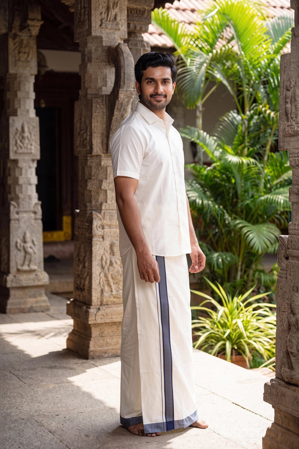 Men’s Traditional Off-White Cotton Dhoti with 1.5 Inch Thread Border for Wedding, Temple & Festival Wear - Navy Blue (Vertical Lines)