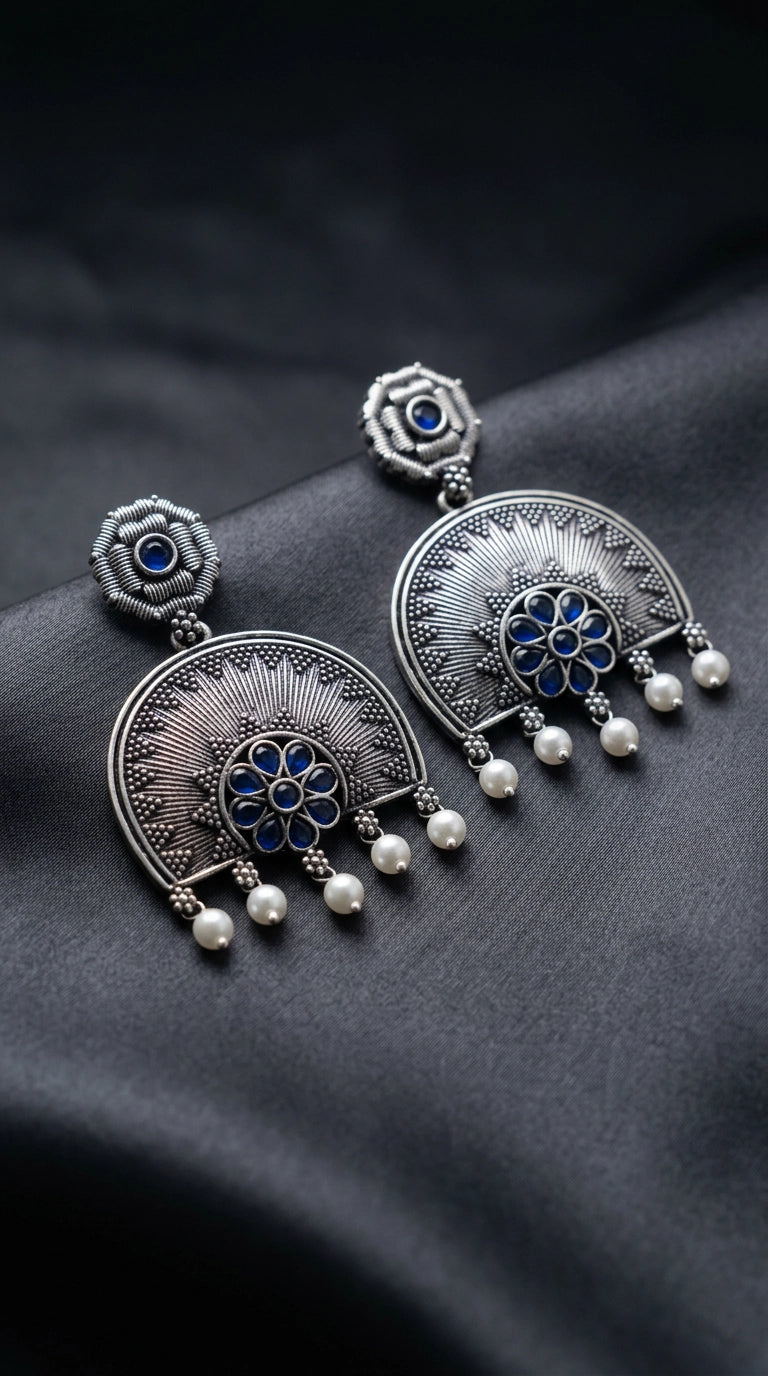 Oxidized Silver Floral Pendant Earring Set with Pearl Drops and Sunburst Motif - Navy blue