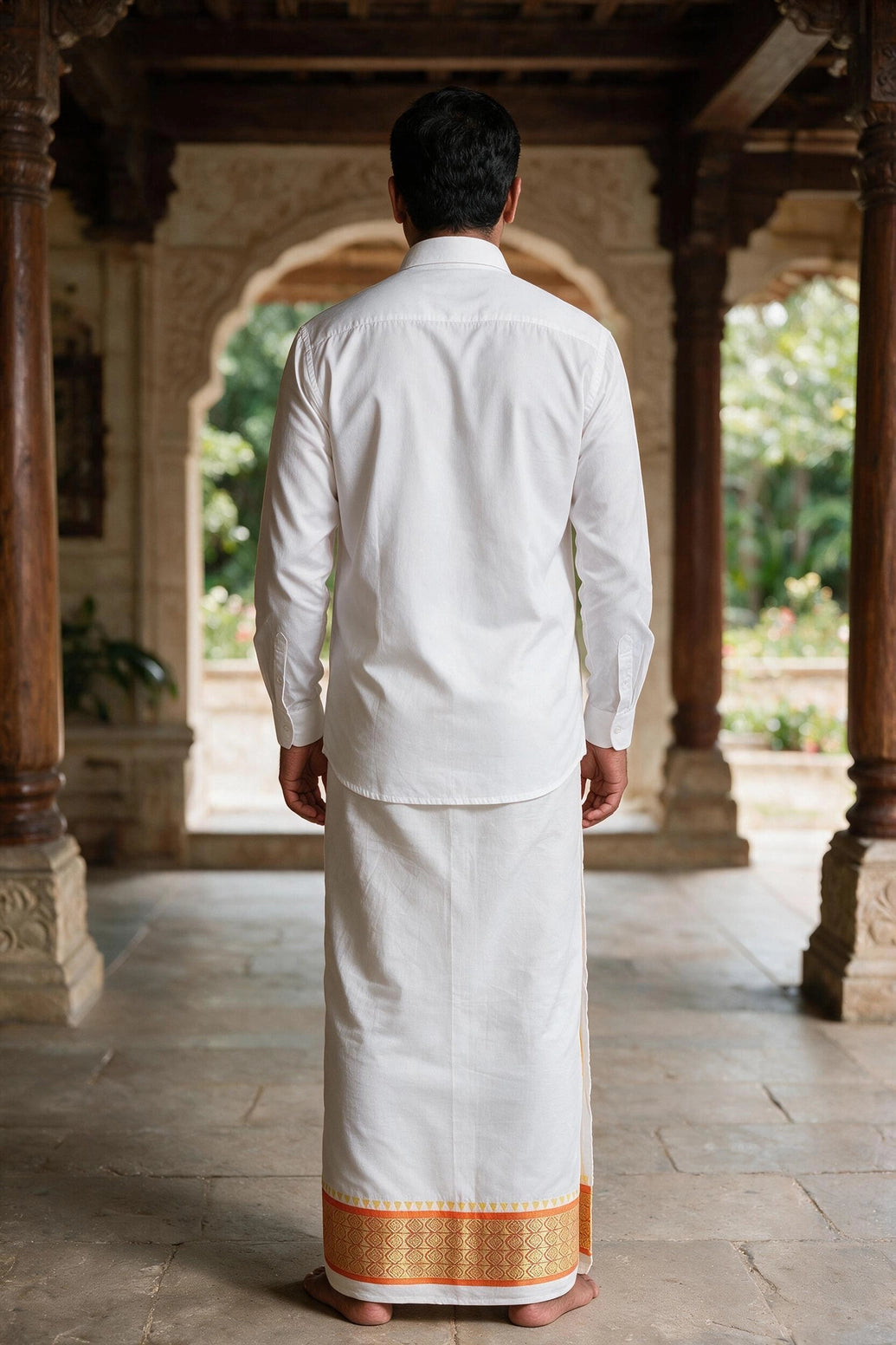 Men White Cotton Dhoti with 2-inch Gold Thread Work Border, 2 Metre Single Veshti - Orange