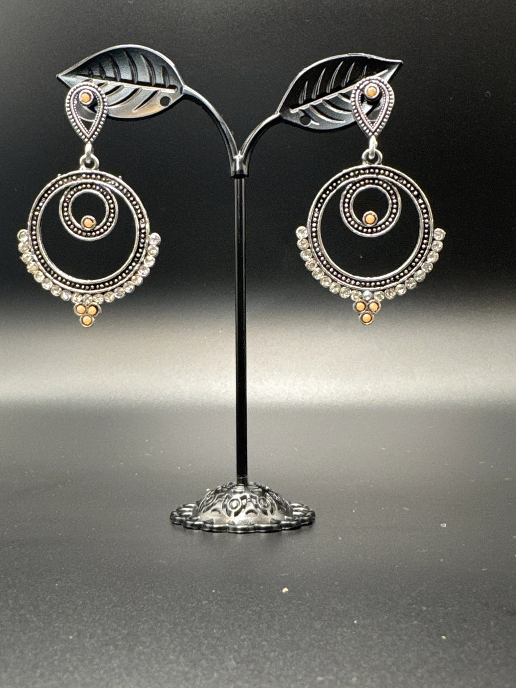 Oxidized Silver Spiral Drop Earrings with Coloured Stone Beads — 2 inch Traditional Indian Fashion Jewellery - Peach