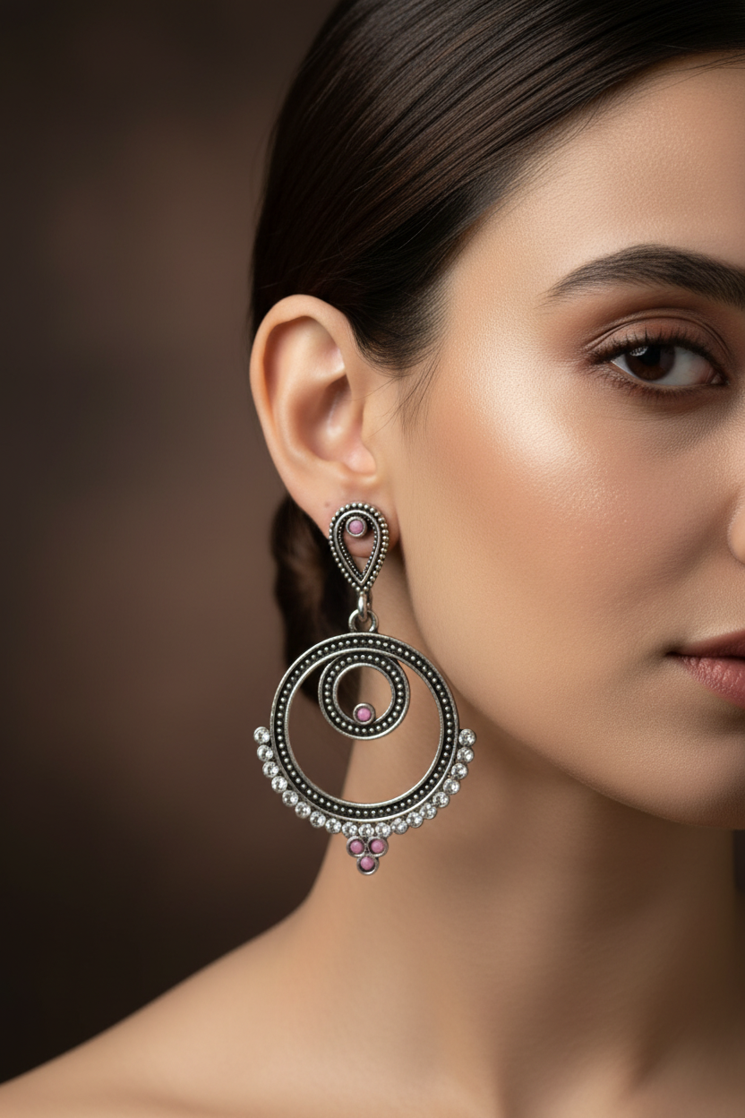 Oxidized Silver Spiral Drop Earrings with Coloured Stone Beads — 2 inch Traditional Indian Fashion Jewellery