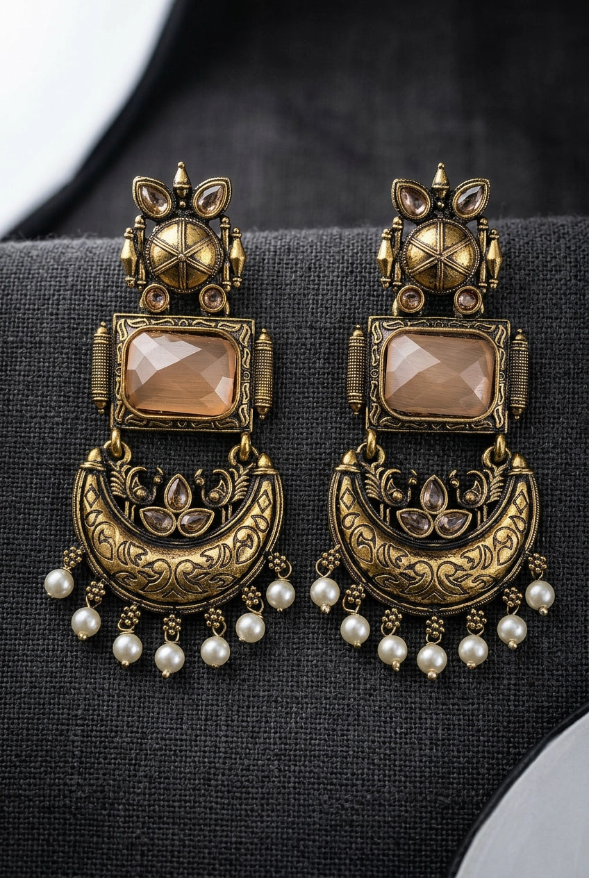 Traditional Antique Gold-Tone Statement Earrings with Pearl Drops and Coloured Stones - Peach