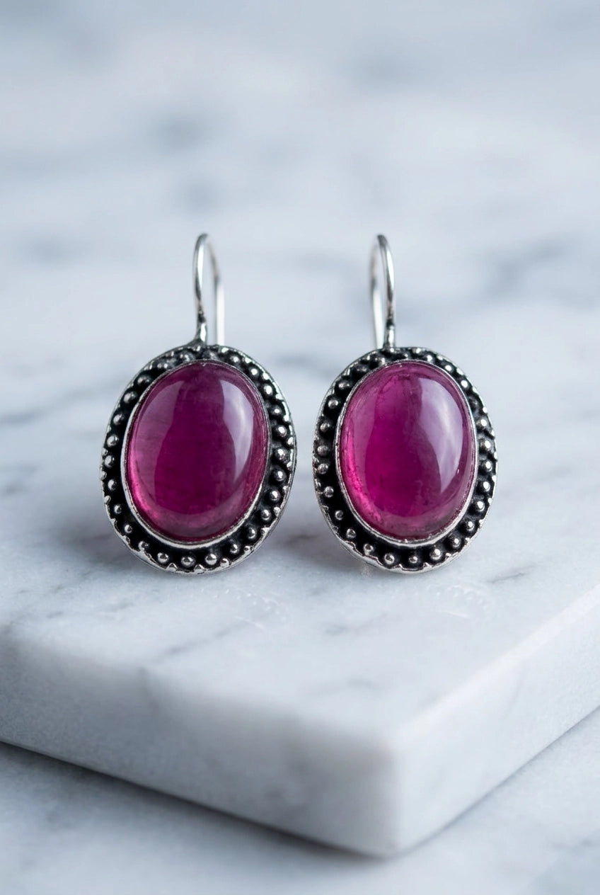 Oxidized Silver-Tone Oval Stone Drop Earrings, Dotted Antique Border, Pastel Green/Pink - Pink
