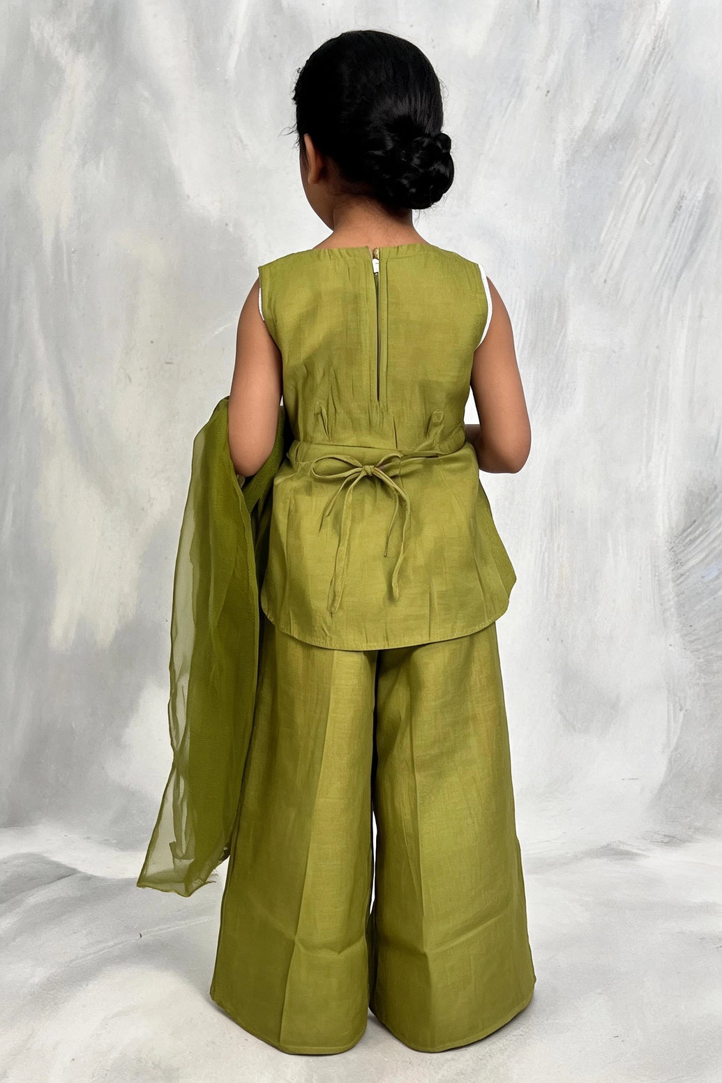 Girls Roman Silk 3-Piece Palazzo Set with Floral Detailing, Sleeveless Top & Dupatta (Pista Green/Pink/Purple) - Pista Green