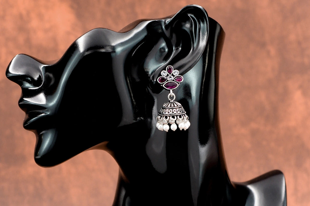 Purple Stone Floral Jhumka Earrings - Oxidised Silver-Tone Fashion Jewellery, 1.5 inch, For Indian Ethnic Wear Jewelry JCS Fashions