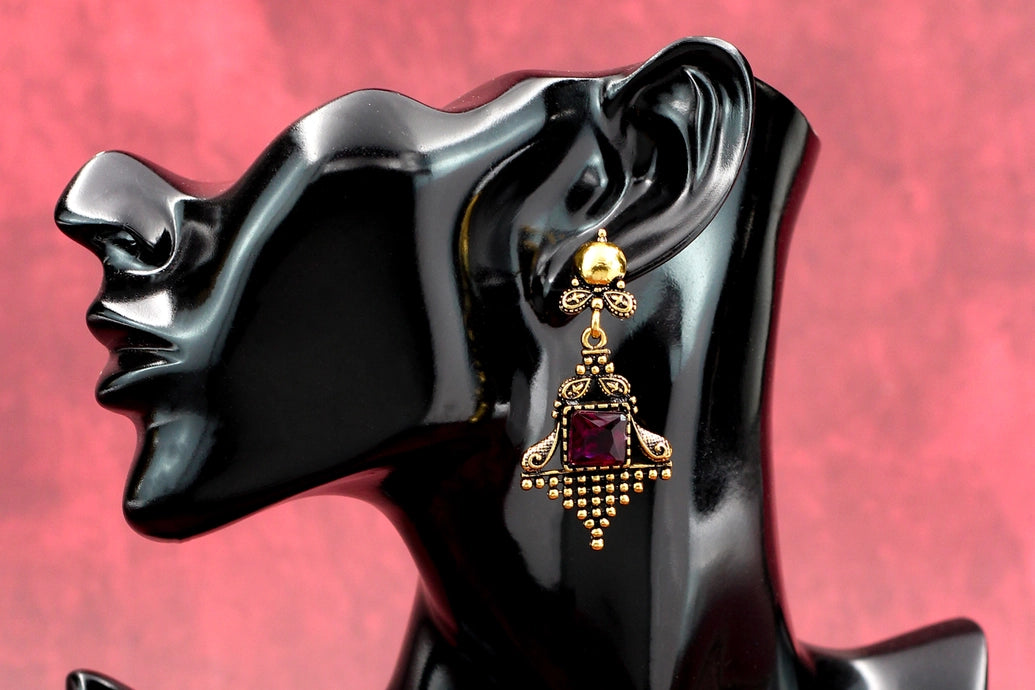 Antique-Gold Dangling Earrings with Square Purple Stone — Ornate Traditional Frame (2.4 inch) Jewelry JCS Fashions
