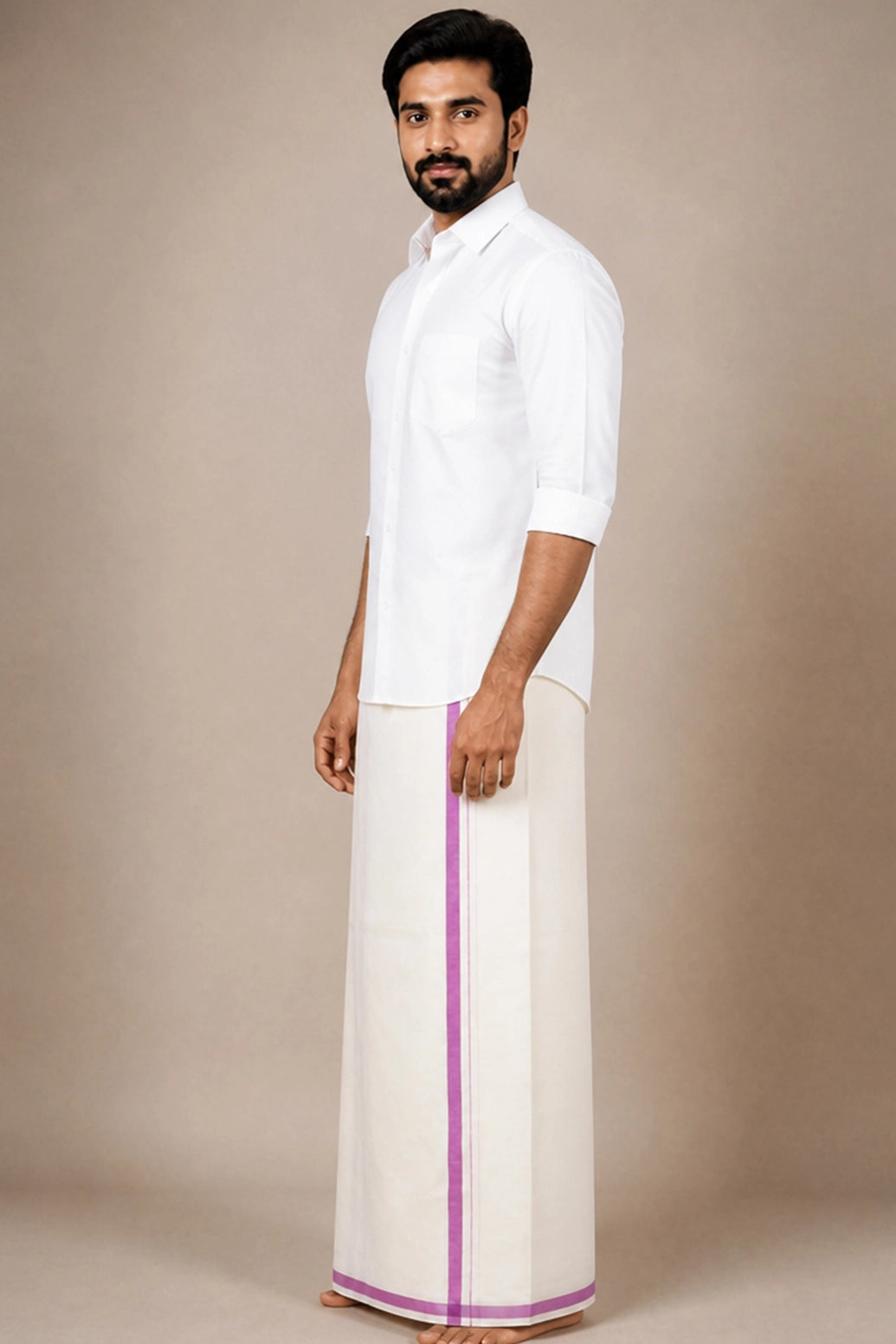 Men’s Off-White Cotton Dhoti with 0.25 inch Coloured Border, 2 Metre Single Veshti for Wedding & Festive Wear - Purple