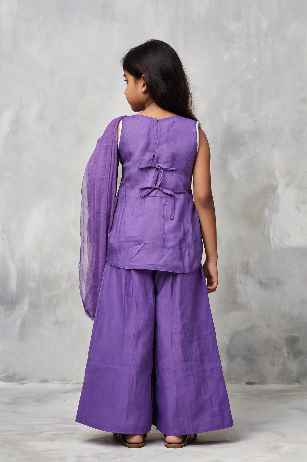Girls Roman Silk 3-Piece Palazzo Set with Floral Detailing, Sleeveless Top & Dupatta (Pista Green/Pink/Purple) - Purple