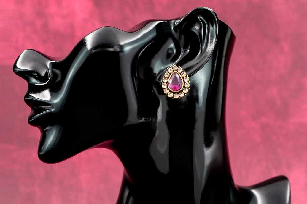 Purple Teardrop Stud Earrings – Kundan-Style Gold-Tone Halo with Faceted Purple Stone, 1 inch Fashion Jewellery Jewelry JCS Fashions