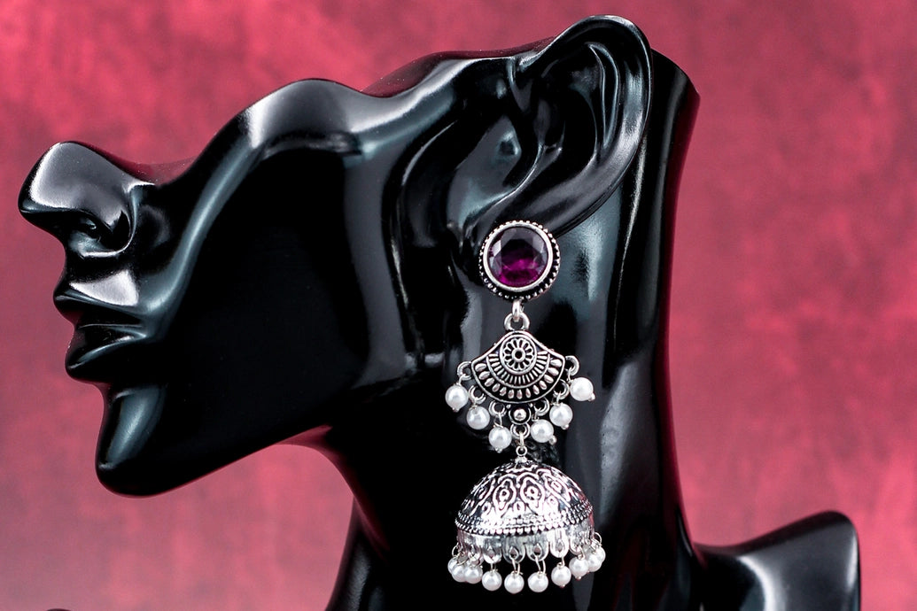 Oxidised Silver-Style Purple Stone Jhumka Earrings with Pearls - 2.8 inch Ethnic Stud Jewelry JCS Fashions