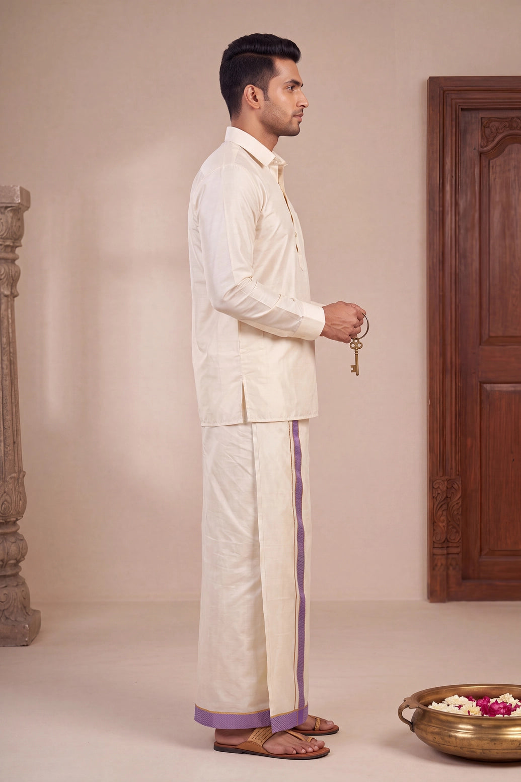 Men Off-White Cotton Dhoti with Woven Check Border and Zari Lines (2 Metre Single Veshti) - Purple