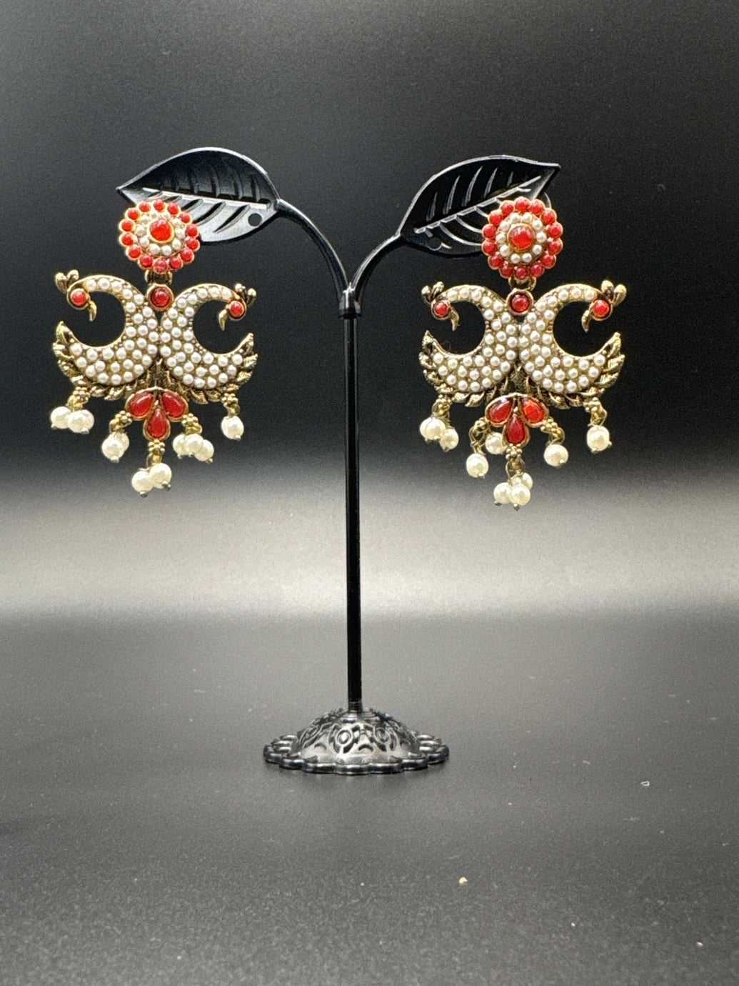 Antique Peacock Pearl Earrings – Gold-Tone Pearl-Studded Ethnic Earrings (2 inch) - Red