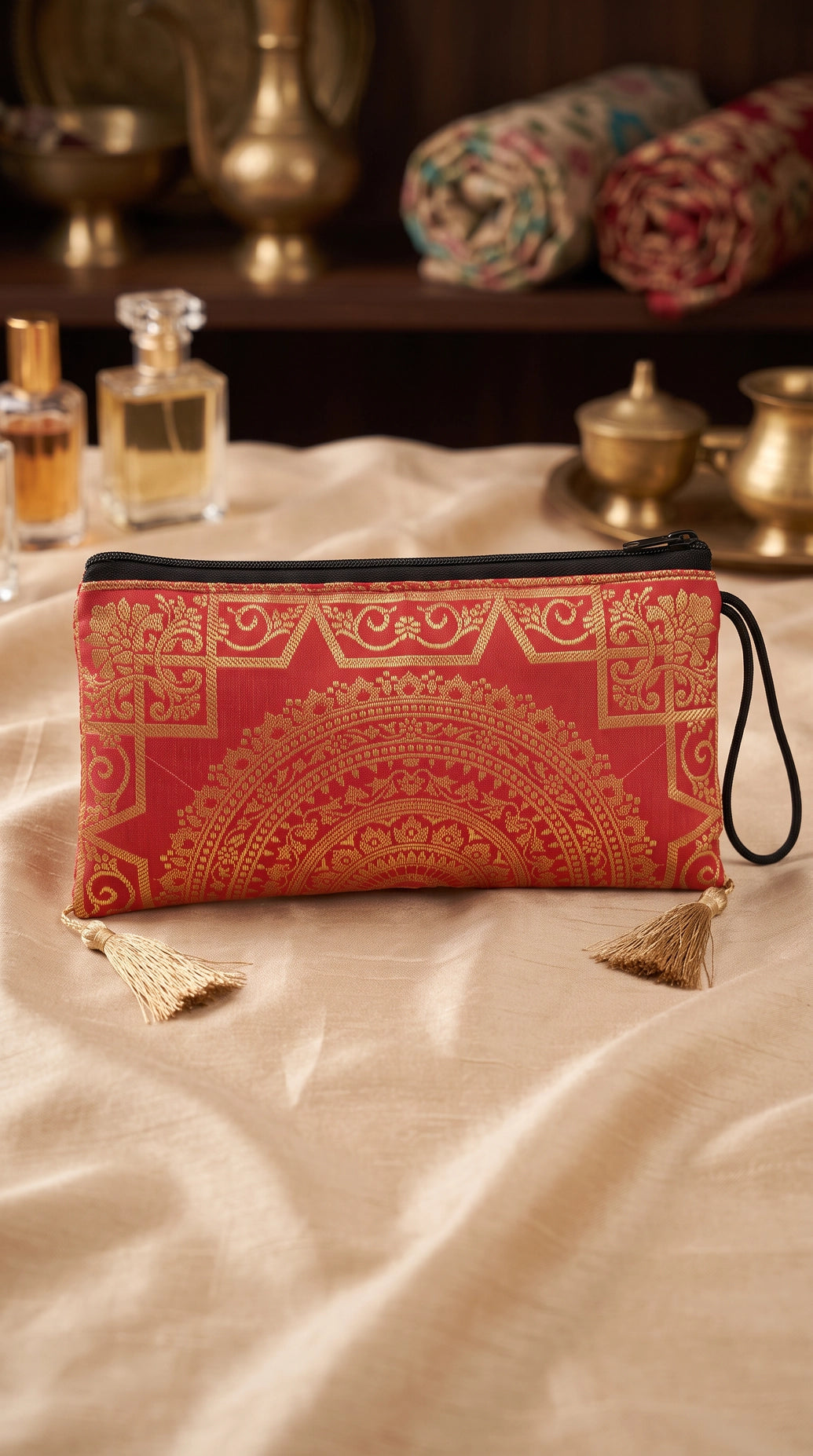Banarasi Brocade Zip Pouch Clutch with Tassel, Embroidered Nylon Handbag for Festive & Party Wear (Coral Pink/Red/Magenta) - Red