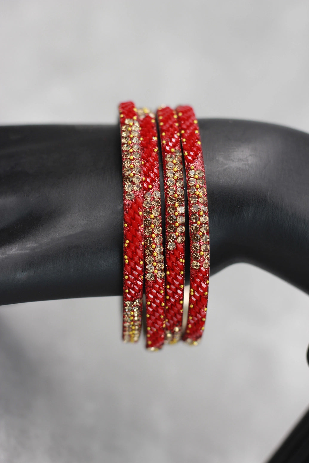 Multicolour Crystal Beaded Bangles Set with Gold-Tone Sparkle for Festive Wear and Weddings (Red/Light Blue/Purple) - Red