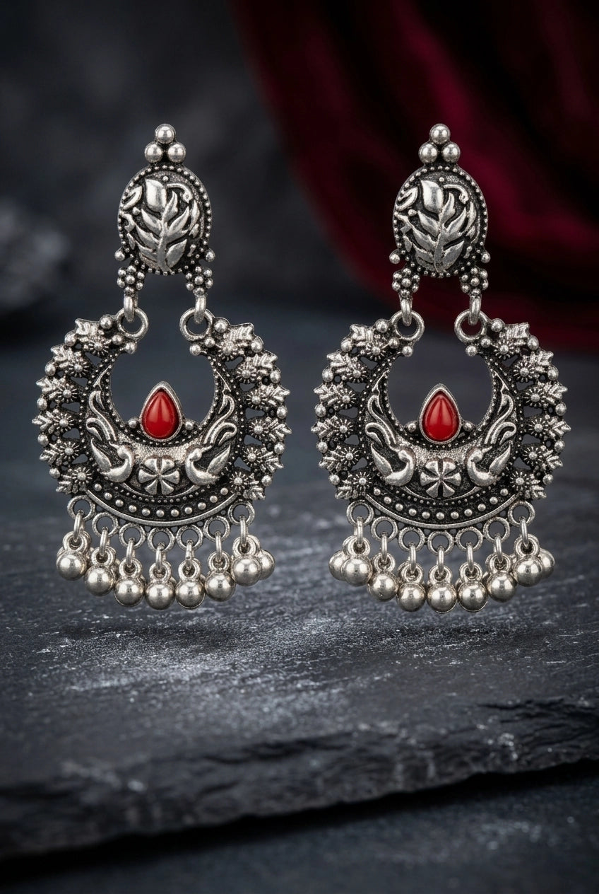 Oxidized Silver-Tone Crescent Jhumka Earrings with Floral Motifs & Beaded Drops, Red/Pink Stone - Red