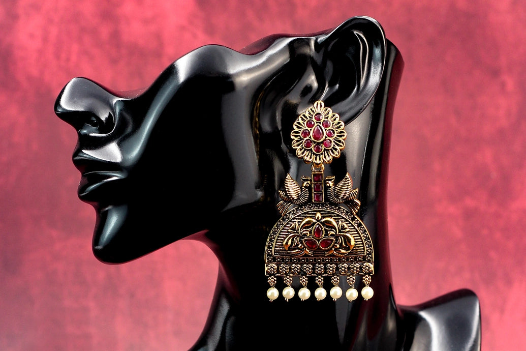 Red Stone Antique Gold Jhumka Earrings with Pearl Drops - 3 Inch Traditional Indian Fashion Jewellery Jewelry JCS Fashions