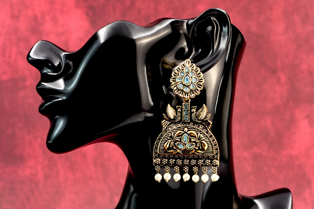 Antique Gold-Tone Sea Blue Jhumka Earrings with Pearl Drops - 3 inch Jewelry JCS Fashions