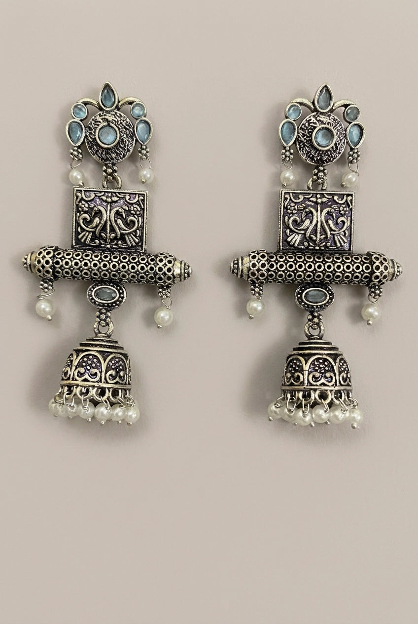 Antique Oxidized Silver Jhumka Earrings with Mint Green/Sea Blue Stones and Pearl Bead Danglers - Sea Blue