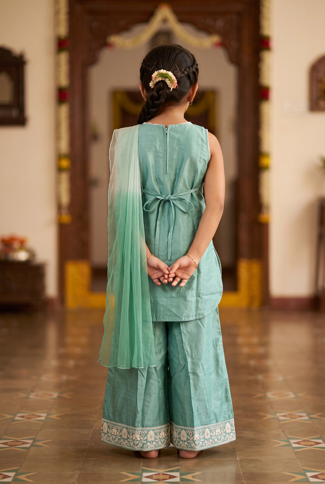 Girls Chanderi 3-Piece Palazzo Set with Embellished Sleeveless Kurti, Matching Palazzo & Dupatta - Sea Green