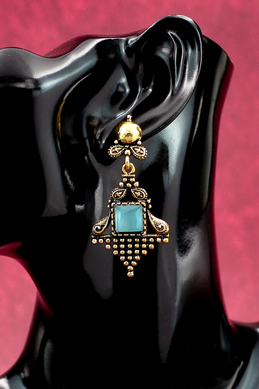 Sea Blue Stone Antique-Gold Dangling Earrings - Ornate Square Drop, 2.4 inch Jewelry JCS Fashions