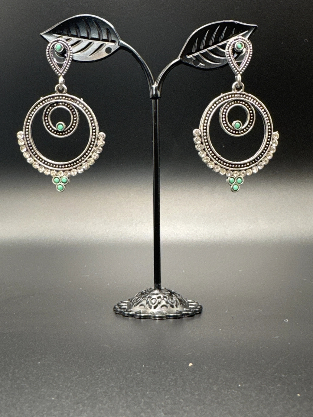 Oxidized Silver Spiral Drop Earrings with Coloured Stone Beads — 2 inch Traditional Indian Fashion Jewellery Jewelry JCS Fashions Teal Green 2 inch
