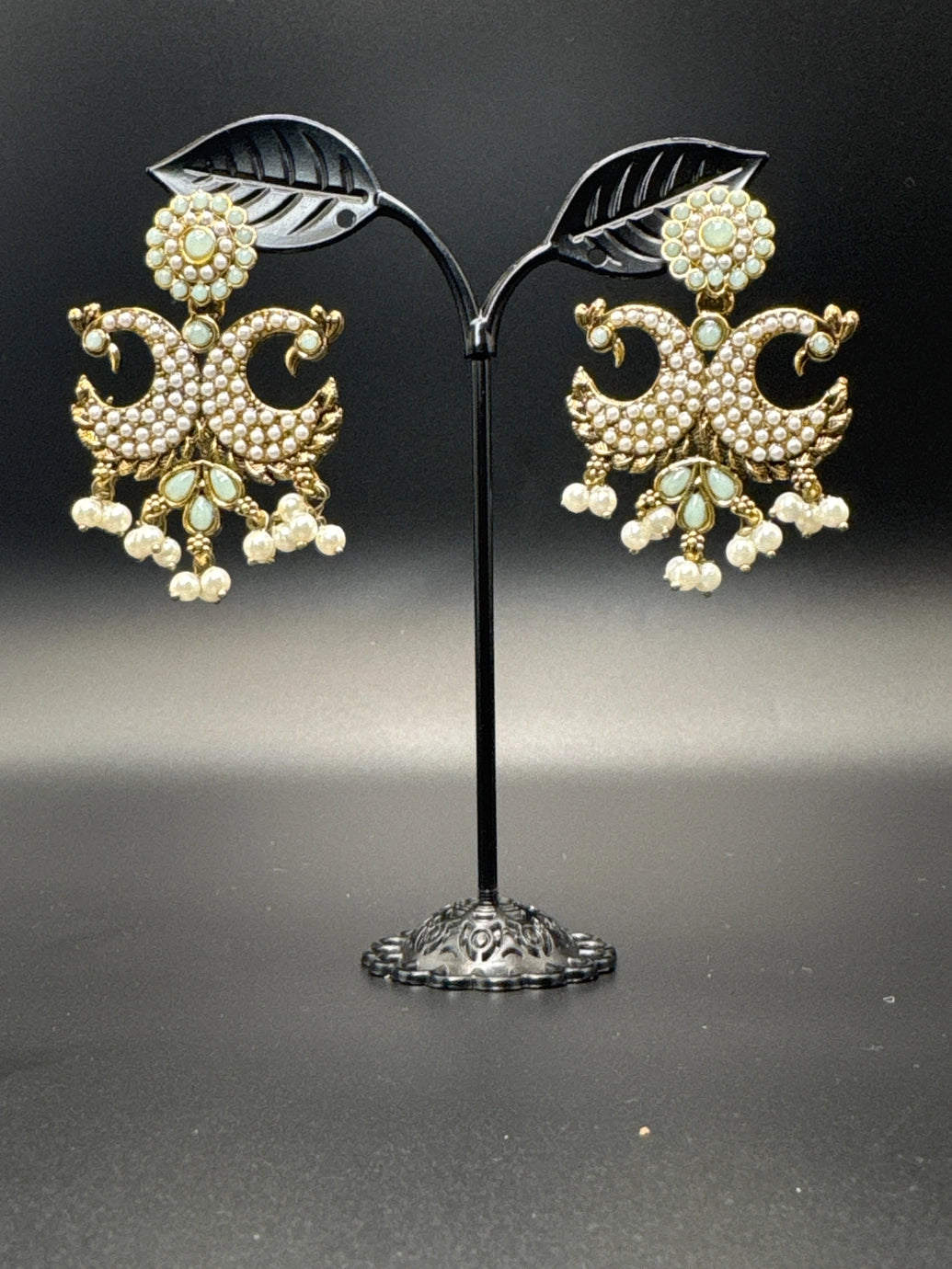 Antique Peacock Pearl Earrings – Gold-Tone Pearl-Studded Ethnic Earrings (2 inch) - Green