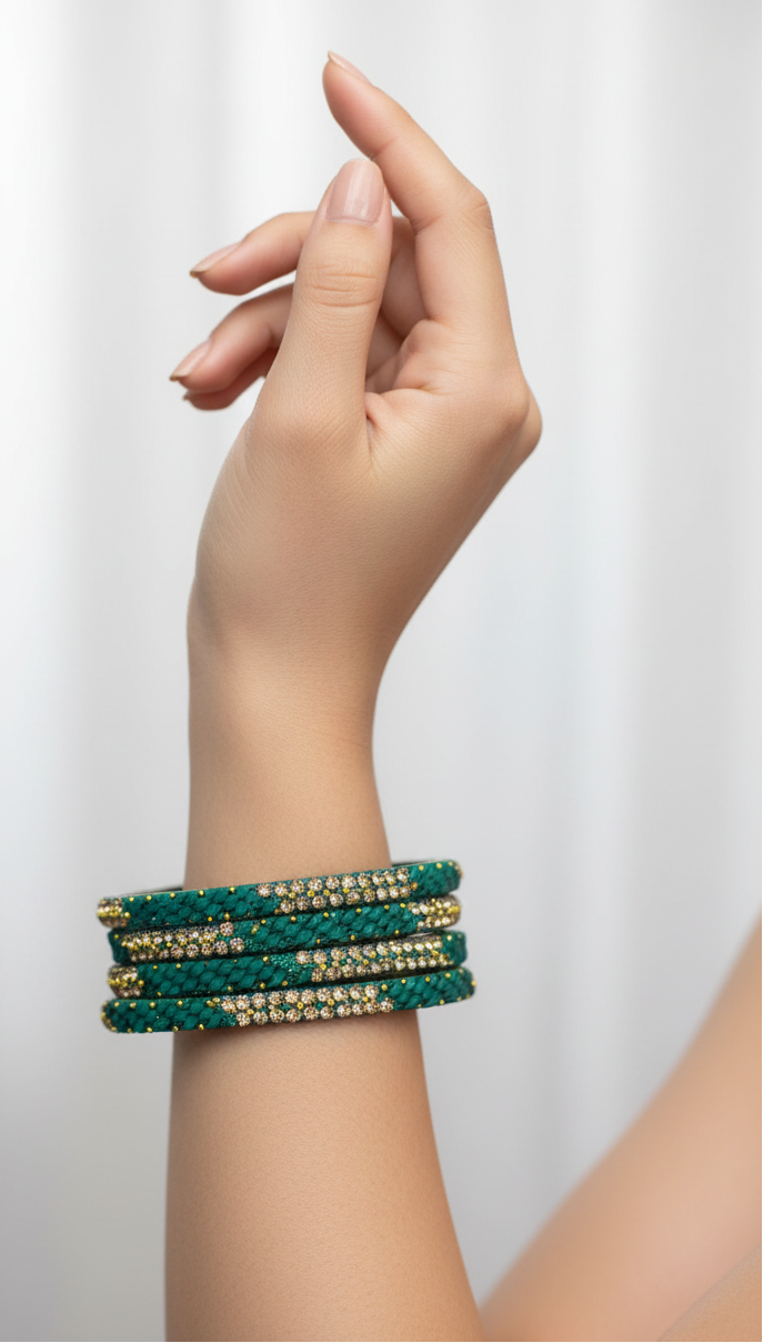 Multicolour Crystal Bangles Set with Gold-Tone Sparkle Bead Detailing for Festive Wear & Weddings