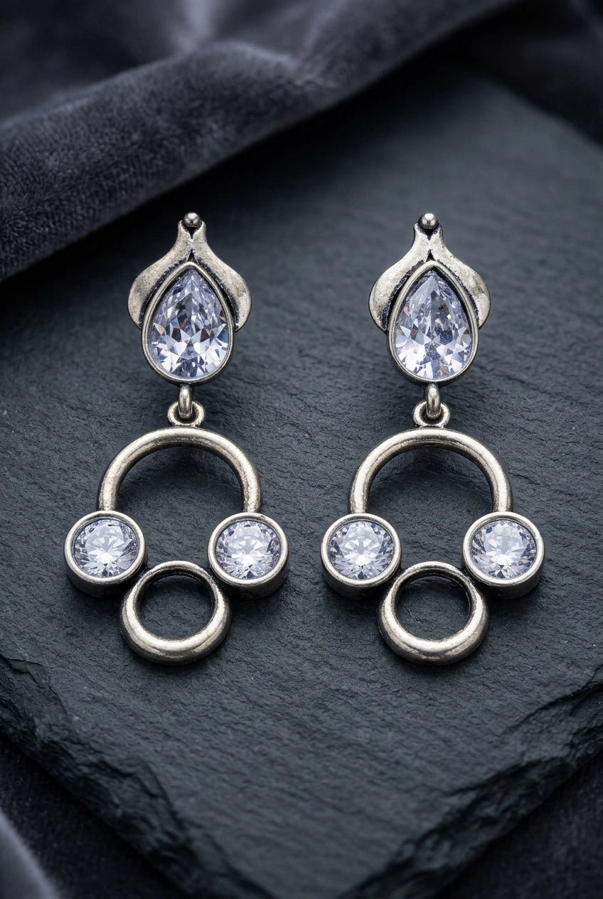 Silver-Tone Stone Drop Earrings with Circular Cluster Design for Women - White