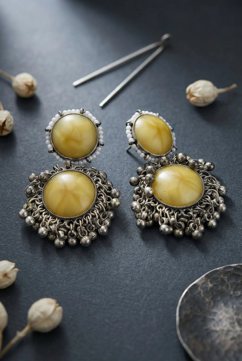 Antique Silver-Tone Drop Earrings with Round Stone Cabochons & Beaded Dangles - Yellow