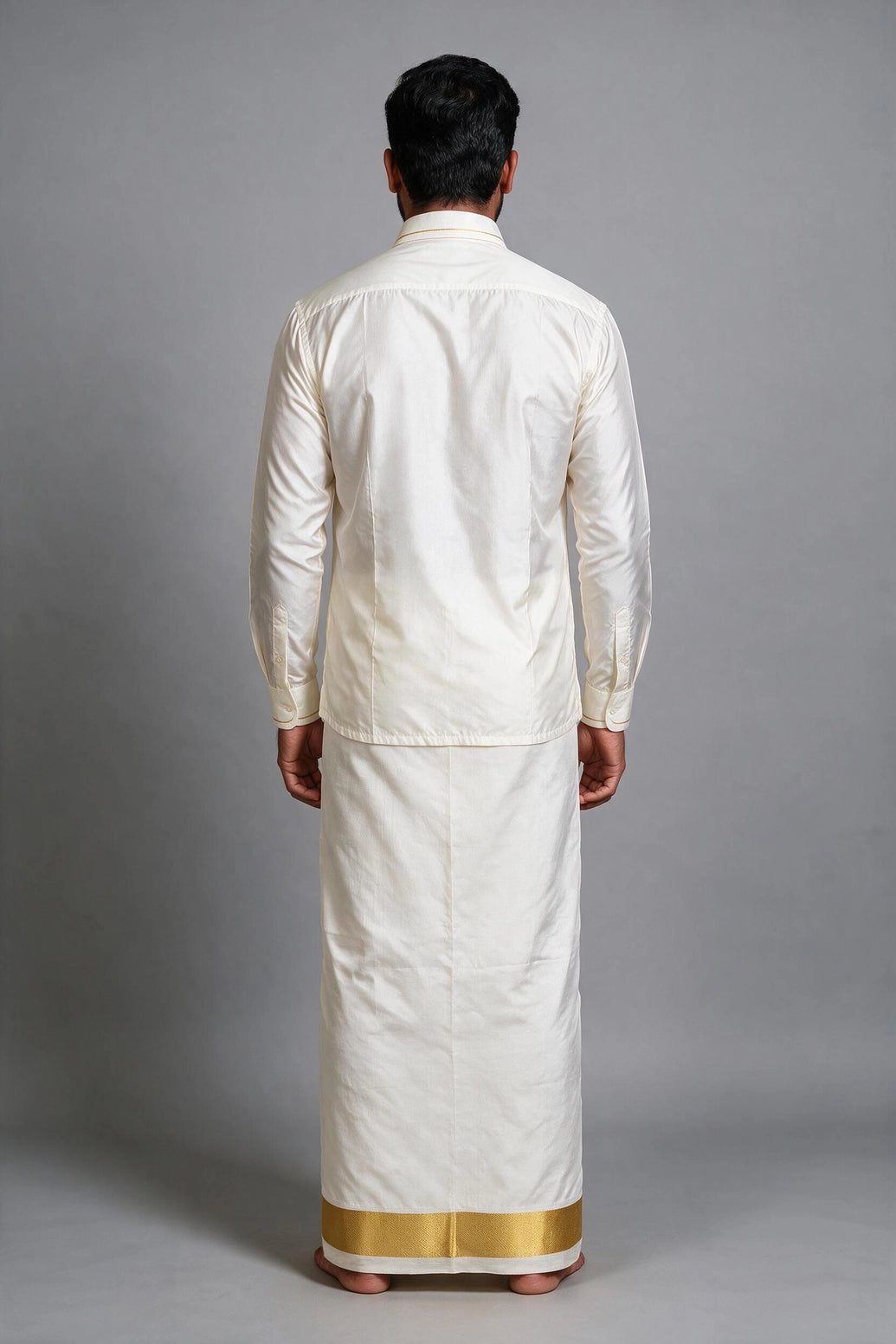 Men White Rich Cotton Double Dhoti with Broad Gold Zari Border - Off White Wedding Temple Wear - off white