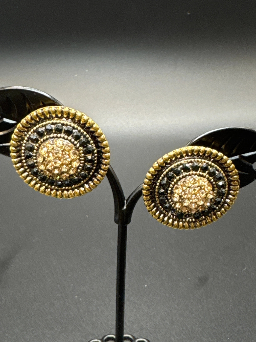 Black & Gold Spiral Stud Earrings – 0.5" Round Ethnic Fashion Studs