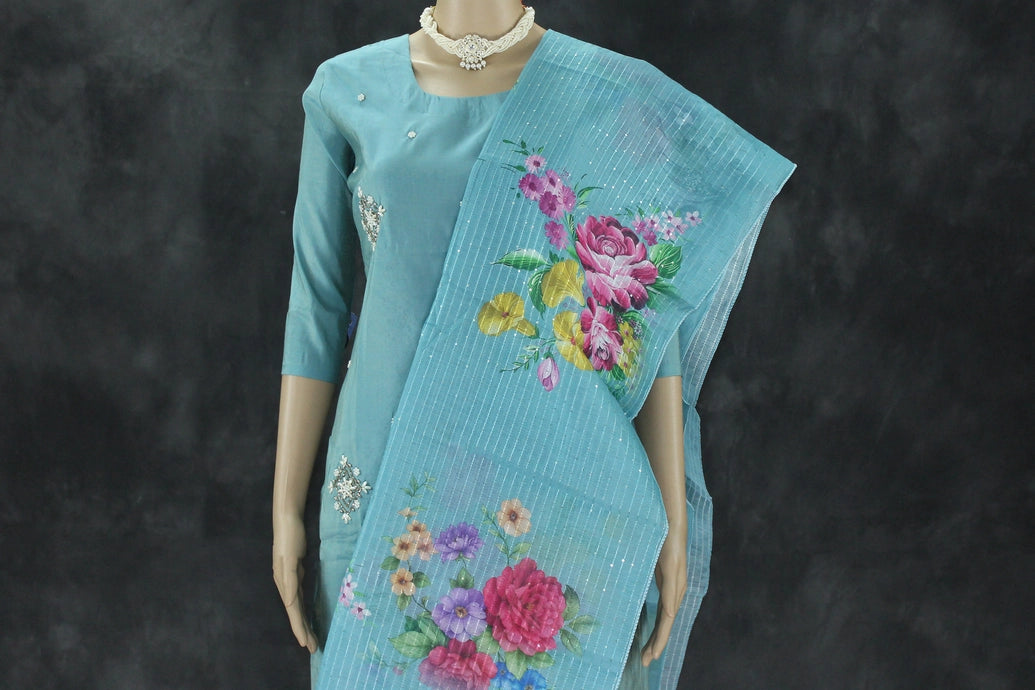 Pastel Blue Shimmer 3-Piece Salwar Suit with Aari & Pearl Embroidery, Organza Sequin and Printed Dupatta Kurti JCS Fashions