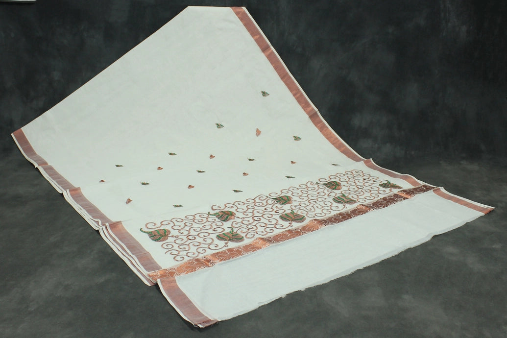 Pure Kerala Cotton White Saree with Copper Zari Peacock Pallu